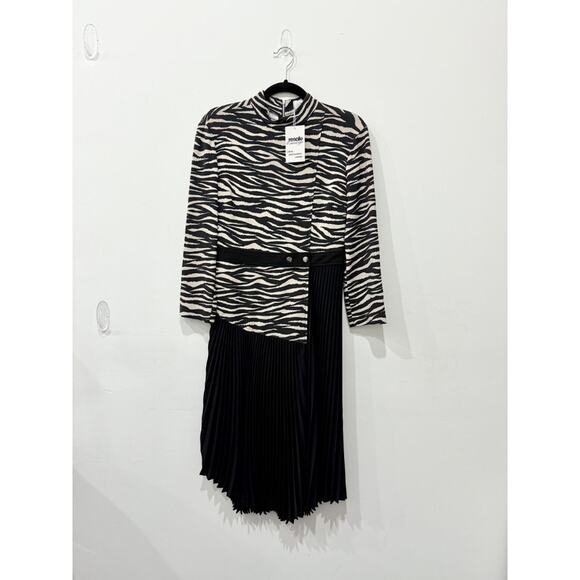 A.L.C Peyton Zebra Stripe Print Pleated Midi Dress  Black/White Women's Size 6 - Picture 2 of 5